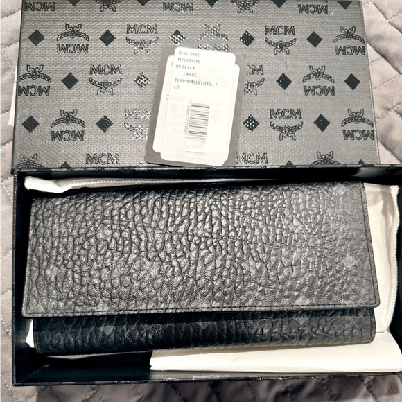 MCM Large Trifold Visetos Long Wallet Black Monogram Coated Canvas Leather Trim - Picture 1 of 5